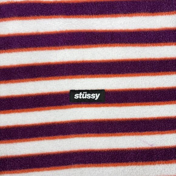 Stussy Polar Fleece Sweatshirt Men’s XL White Purple Berry Stripes Sweater Logo - Picture 3 of 7